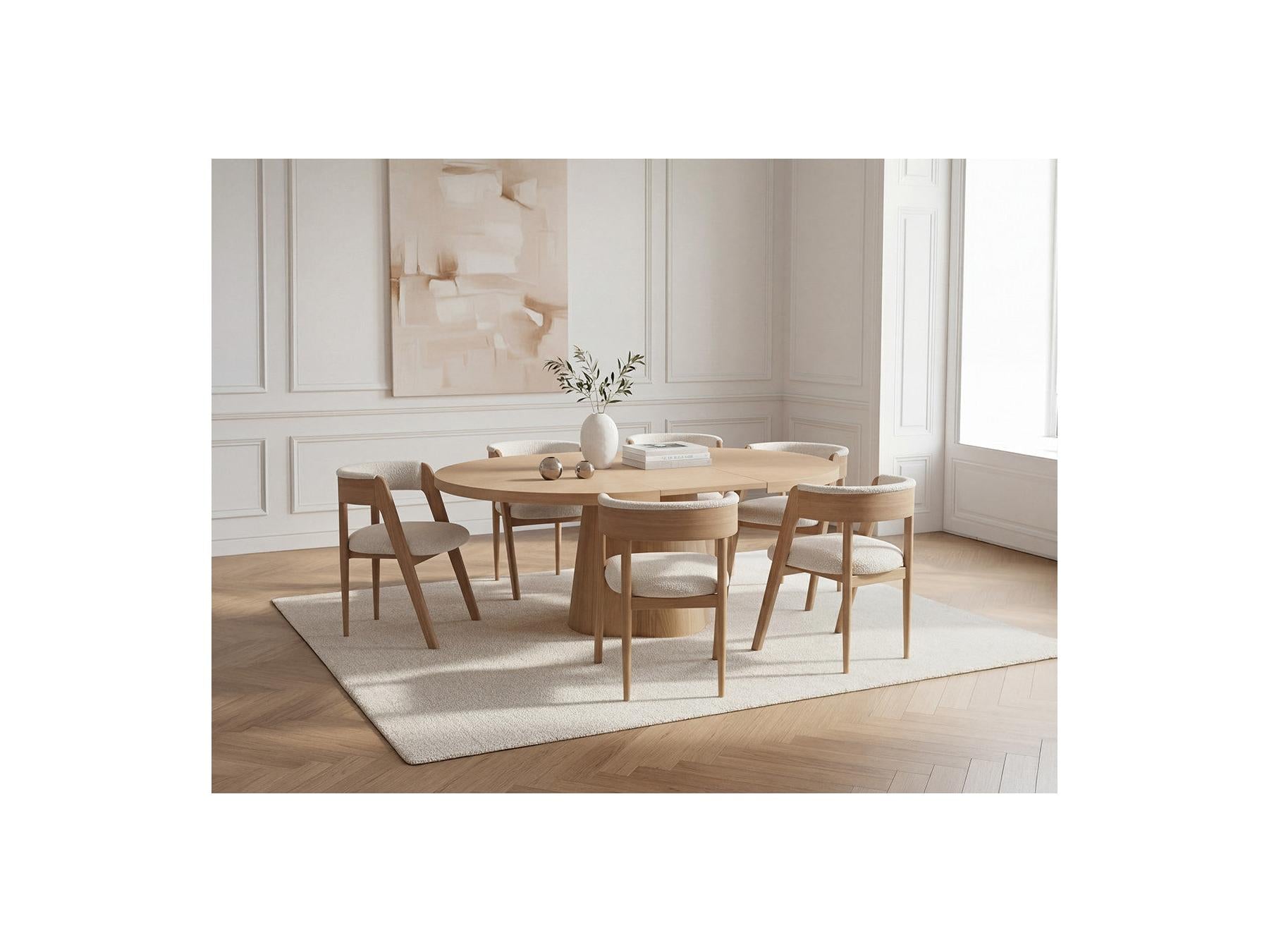 Sugiton - Set with Extendable Round Dining Table 130 to 180 cm + Set of Bastide Solid Oak Veneer Chairs - Set of 6 Chairs