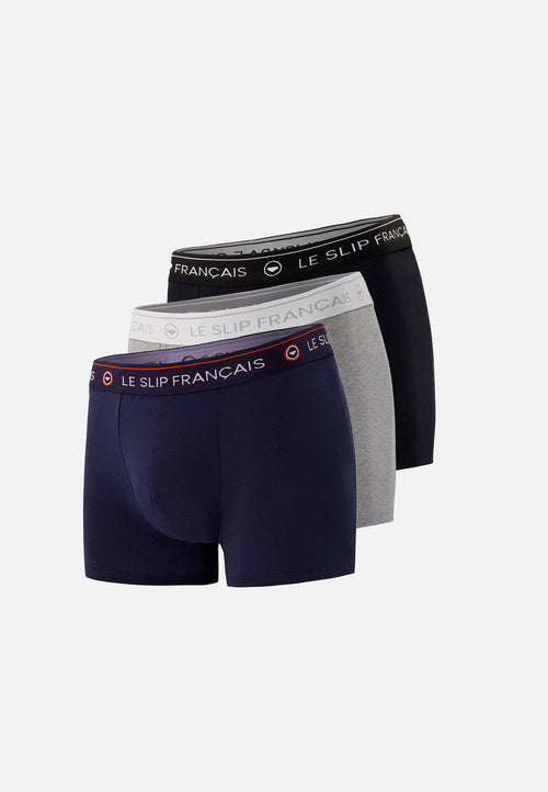 Lot De 3 Boxers Noir, Bleu Marine Et Gris En Coton - Boxers Noir Bleu Marine Gris Chiné