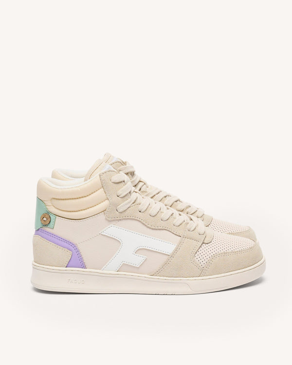 Off-White & Beige High-Top Leather Trainers