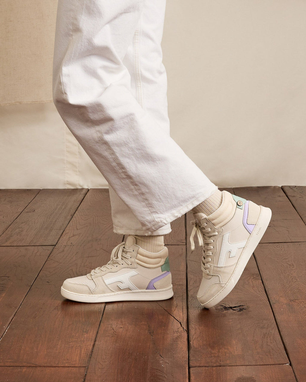 Off-White & Beige High-Top Leather Trainers