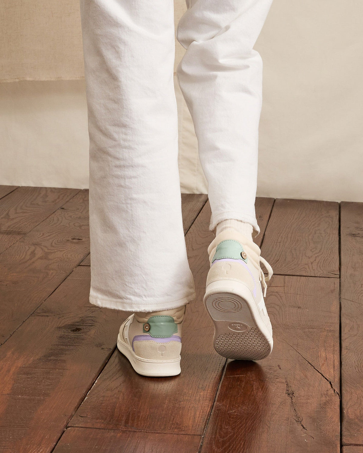Off-White & Beige High-Top Leather Trainers