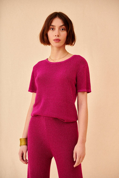 Top pink sangria short-sleeved knitwear madder paris Woman spring summer trouser set