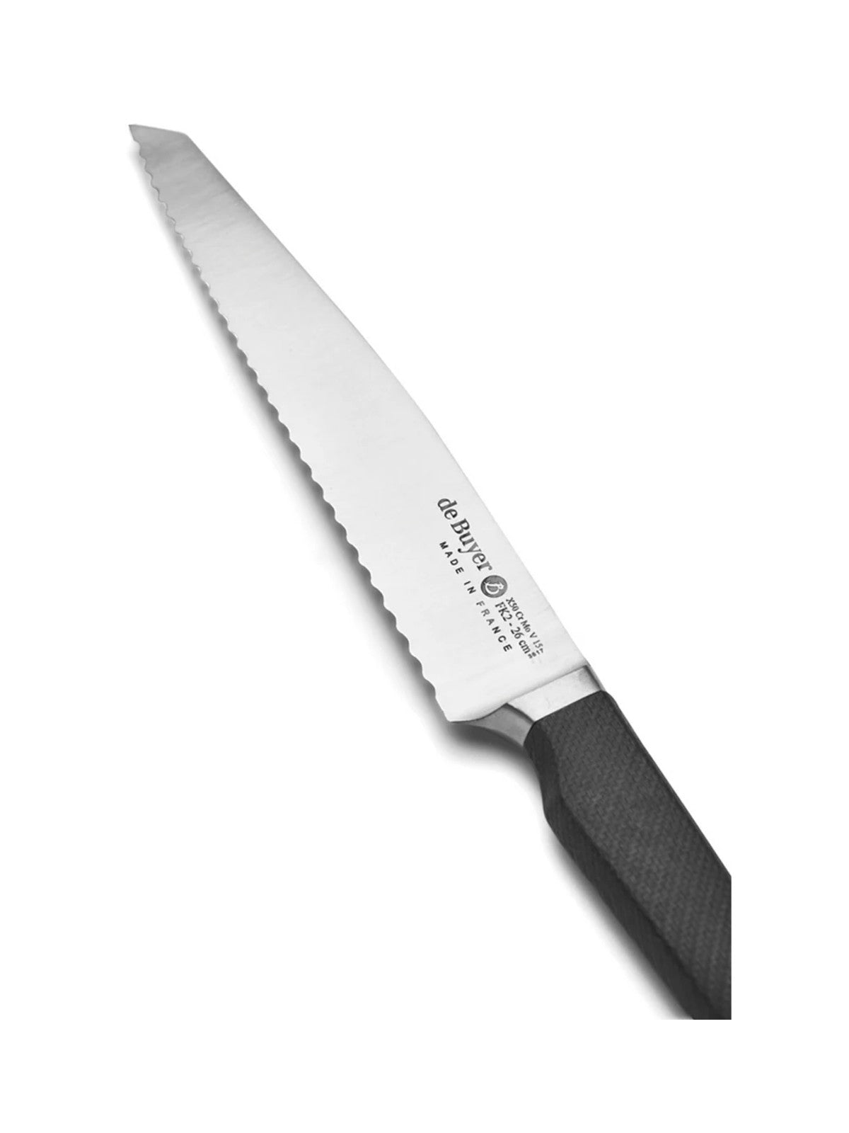 De Buyer – Fk2 - Broodmes - Rvs - Grijs, broodmes in zilverkleur en zwart, liggend tegen witte achtergrond