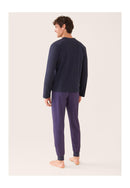 Ensemble Pyjama Haut Bleu Marine Et Pantalon Fantaisie En Coton - Pyjama Sebastien Haut Manches Longues Uni Marine Et Bas Long Fantaisie