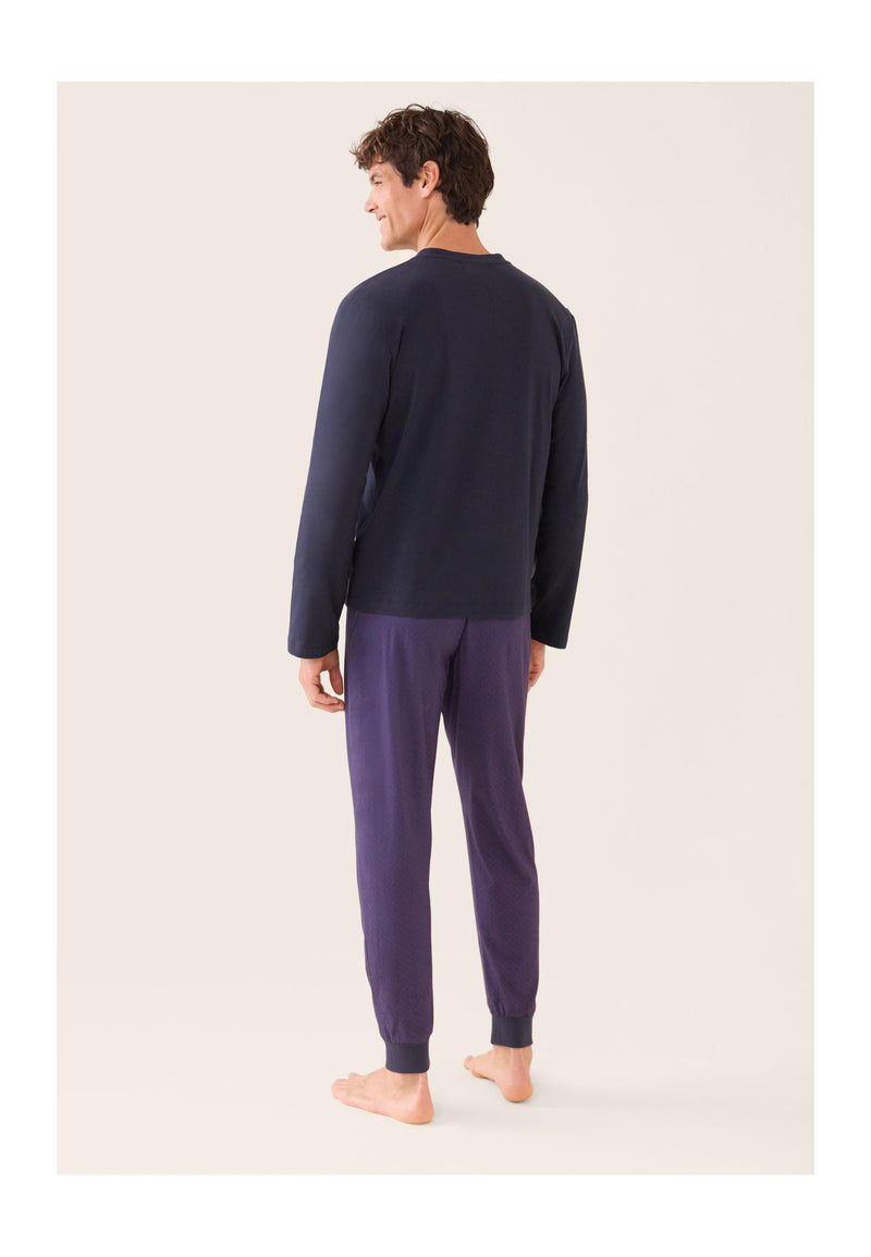 Ensemble Pyjama Haut Bleu Marine Et Pantalon Fantaisie En Coton - Pyjama Sebastien Haut Manches Longues Uni Marine Et Bas Long Fantaisie