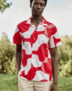 Camicia a maniche corte rossa e crema in cotone