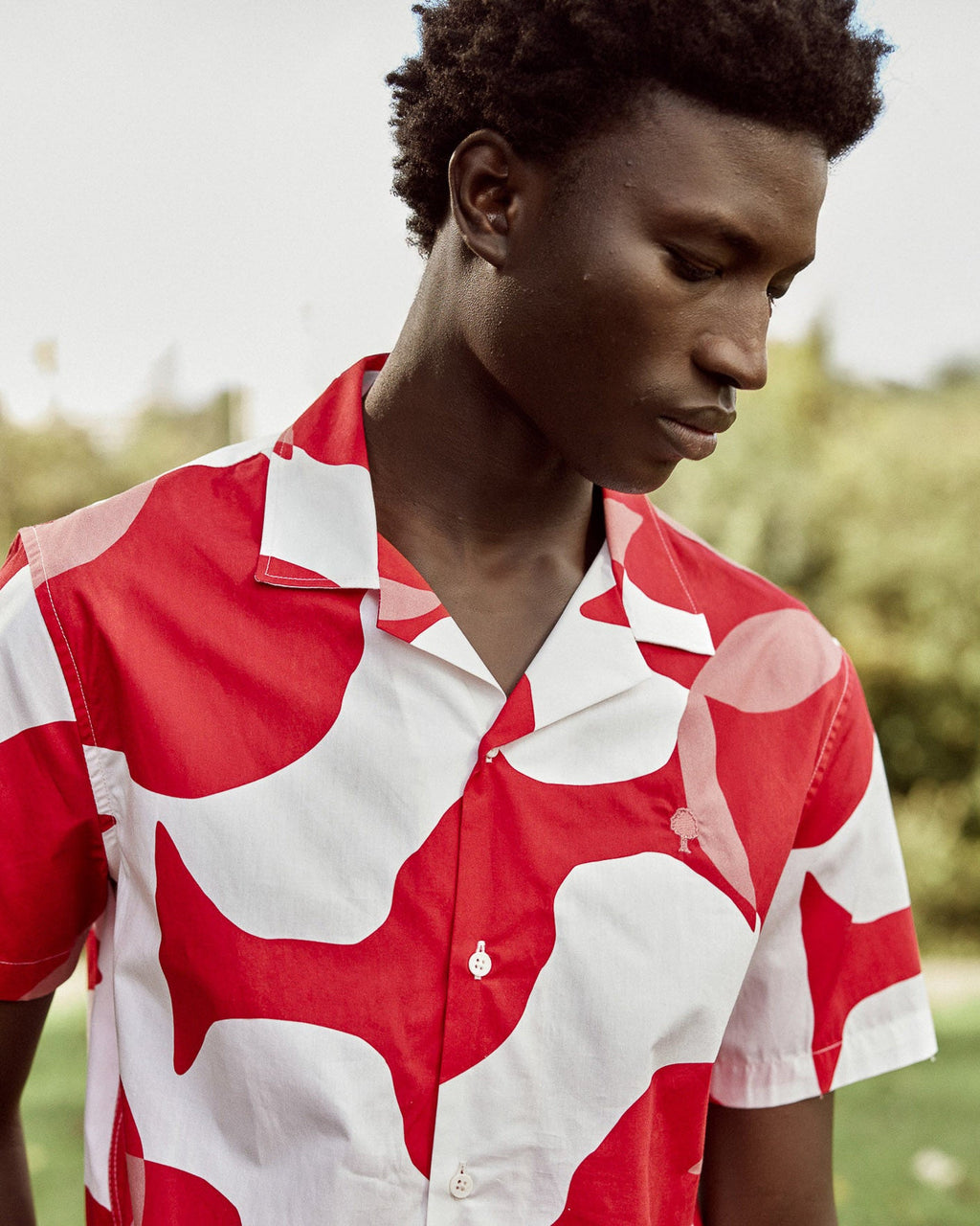 Camicia a maniche corte rossa e crema in cotone
