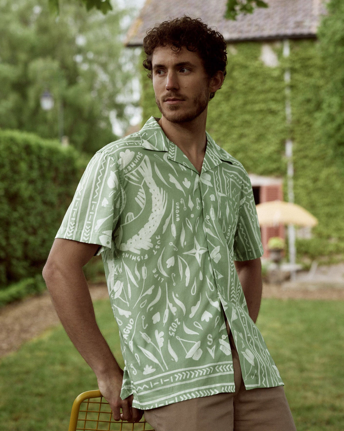 Camicia con motivo kaki ed écru in cotone