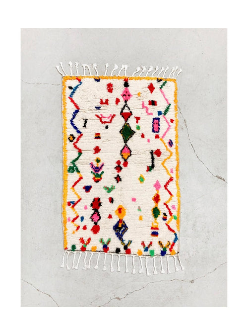 Tapis Berbère Marocain Azilal - Ecru À Motifs Colorés