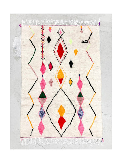 Tapis Berbère Marocain Azilal - Ecru À Motifs Colorés