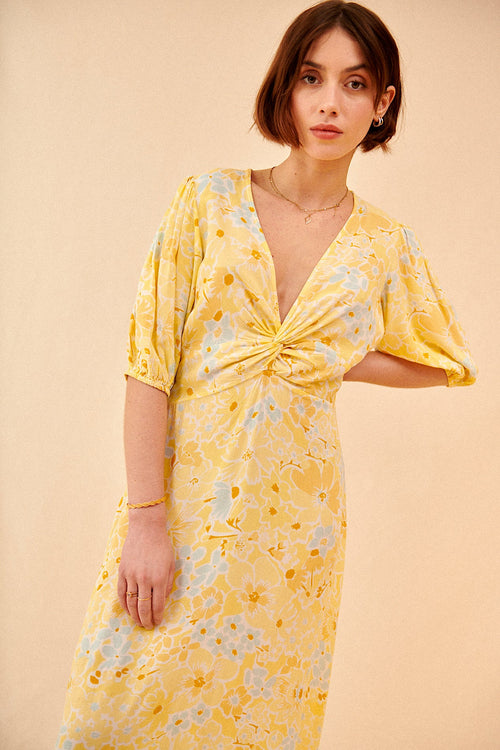 Vestido largo con escote de pico y mangas 3/4 y motivo floral madder Paris para mujeres elegantes de verano