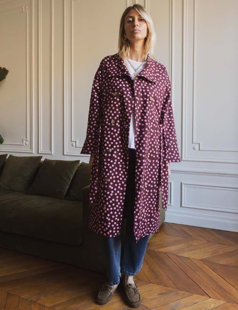 Floro Burgundy & Pink Polka Dot Trench Coat
