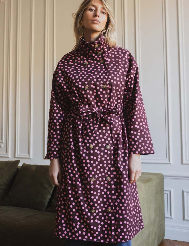 Floro Burgundy & Pink Polka Dot Trench Coat