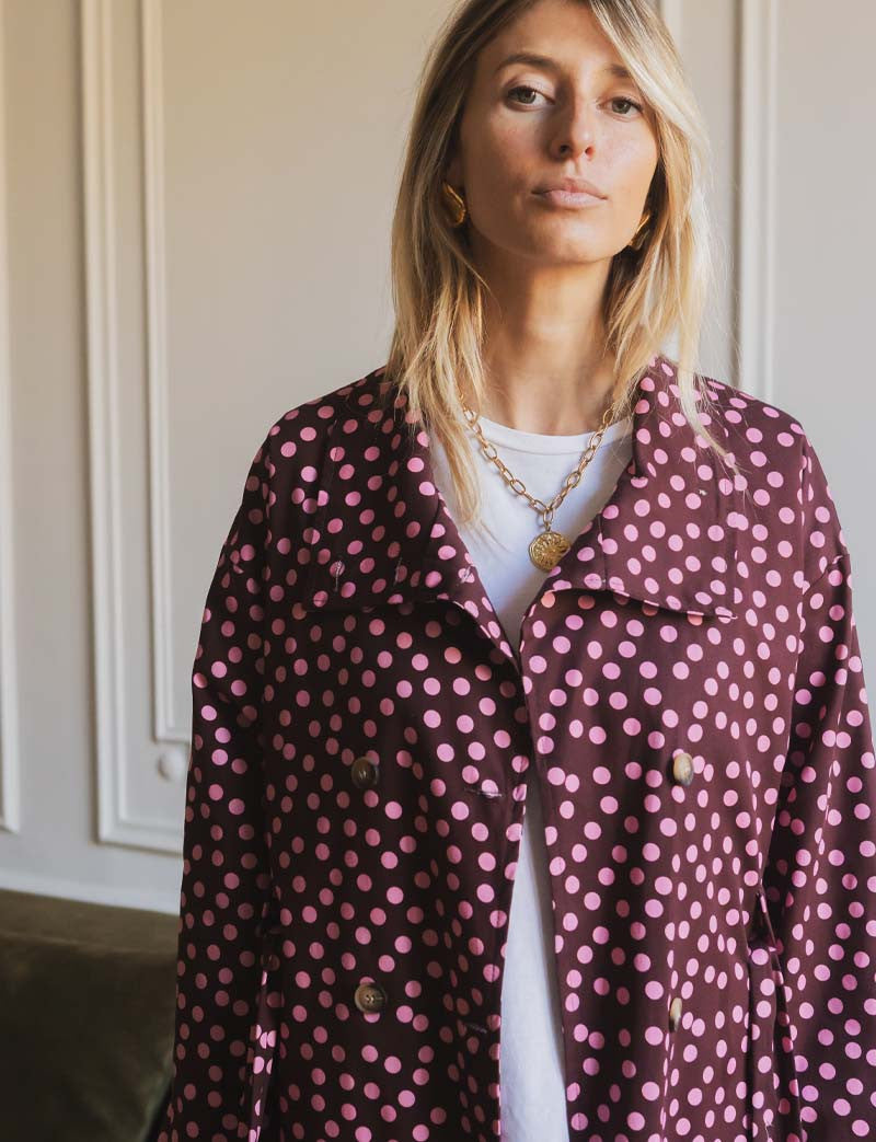 Floro Burgundy & Pink Polka Dot Trench Coat