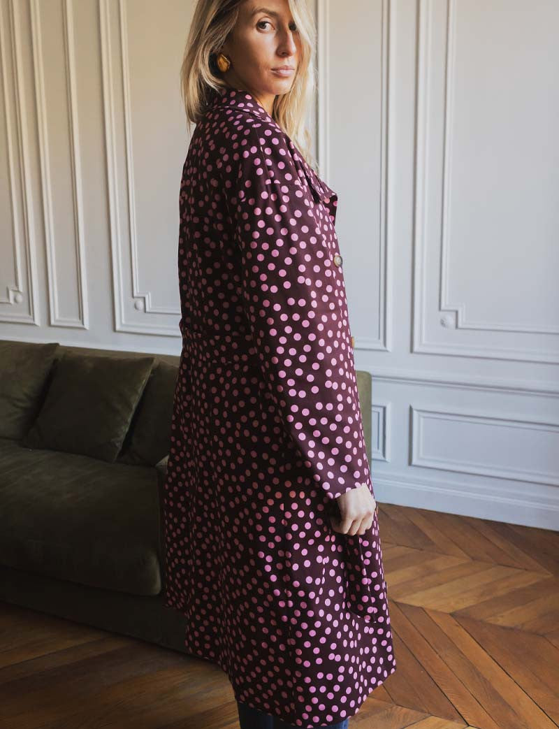 Floro Burgundy & Pink Polka Dot Trench Coat