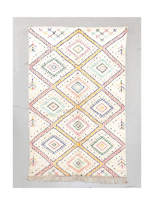 Tapis Berbère Marocain Beni Ouarain - Ecru À Motifs Colorés