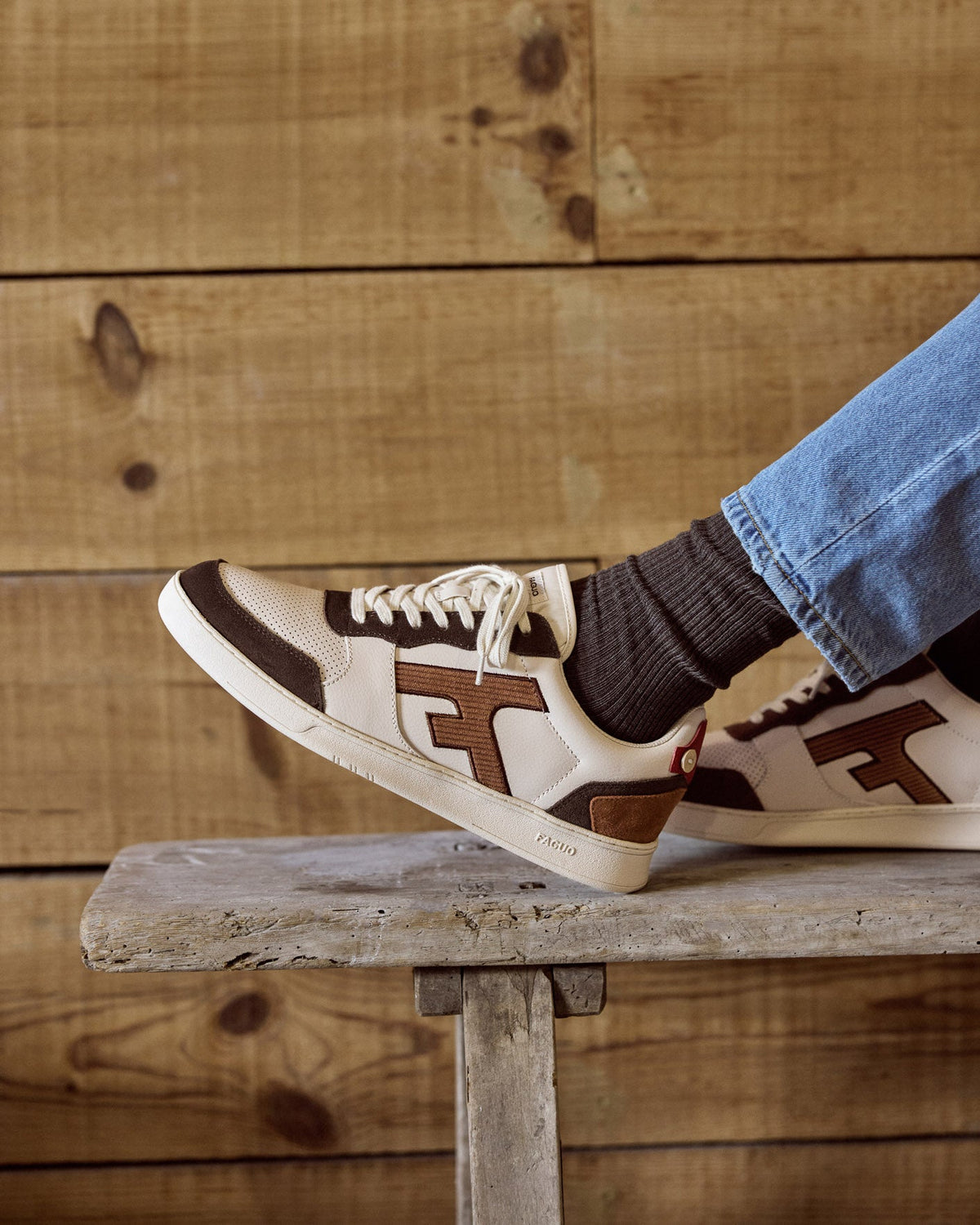 Ecru and Brown Suede Leather Trainers