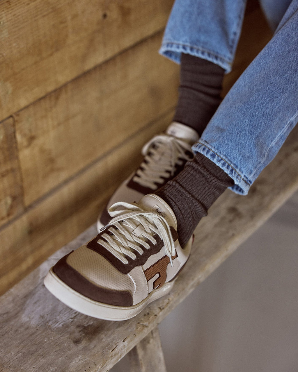Ecru and Brown Suede Leather Trainers