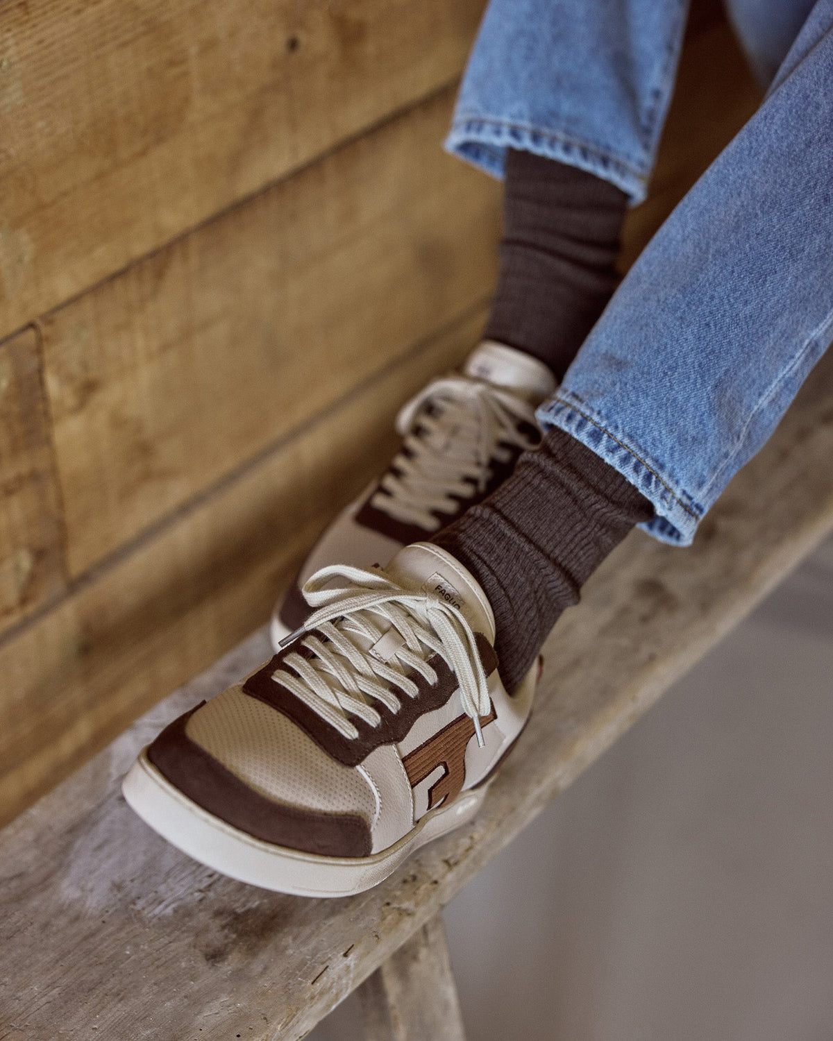 Ecru and Brown Suede Leather Trainers