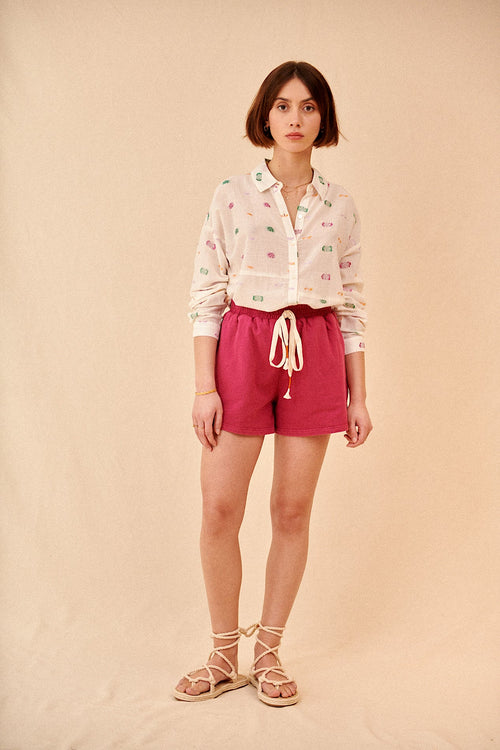 Sangria pink shorts with elastic waistband and pockets in madder cotton Paris Clothing Woman