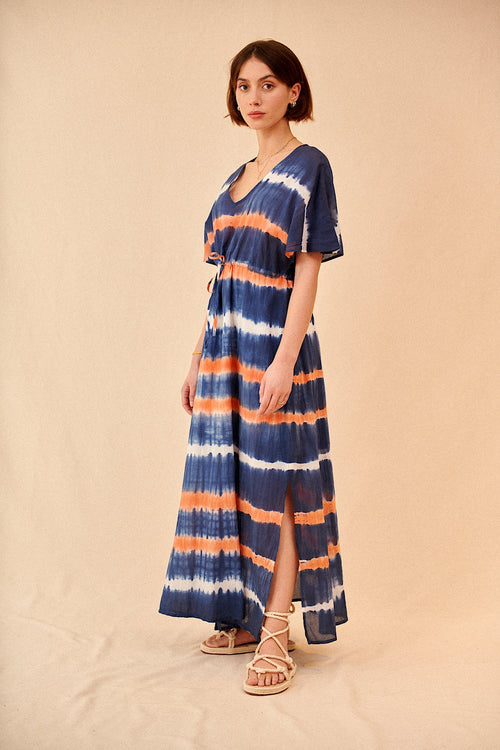 Tie-dye long dress with v-neck and tye and die print garance paris Woman elegant casual spring