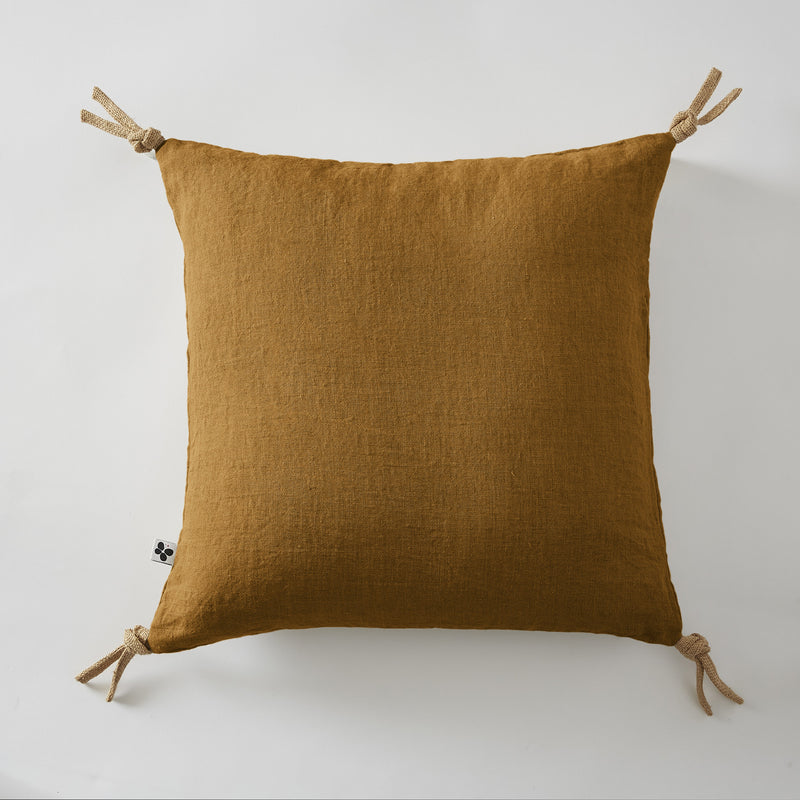 Coussin Déhoussable Avec Pompons - Lin Lavé - Soline - Caramel