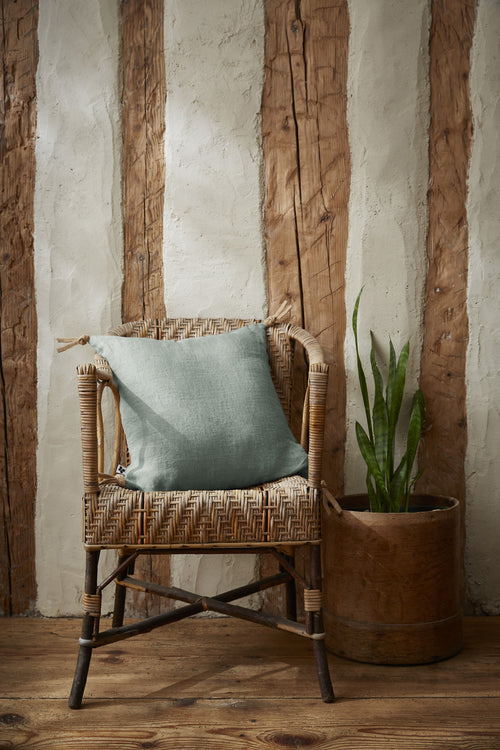 Coussin Déhoussable Avec Pompons - Lin Lavé - Soline - Eucalyptus