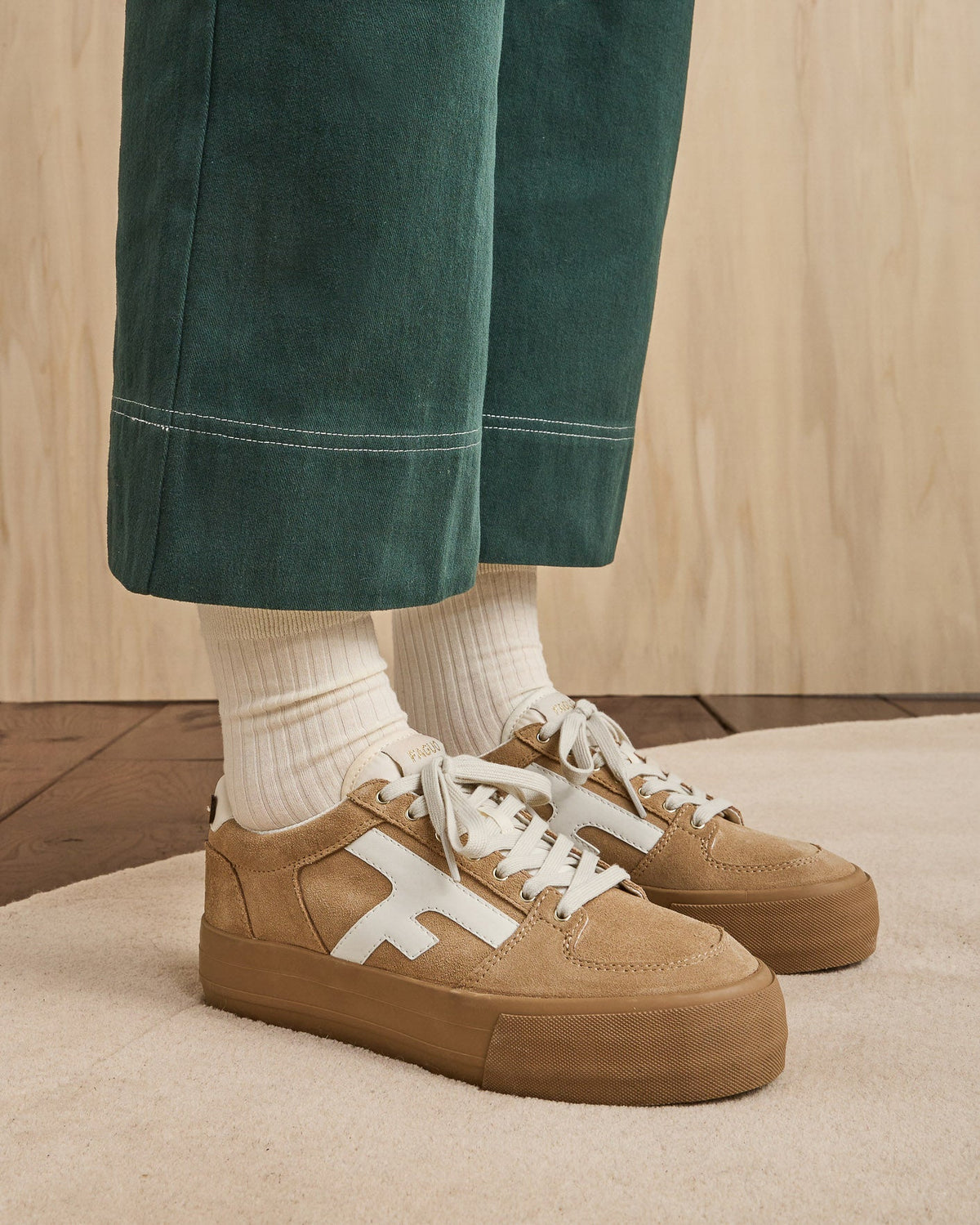 Sand Suede Leather Platform Trainers