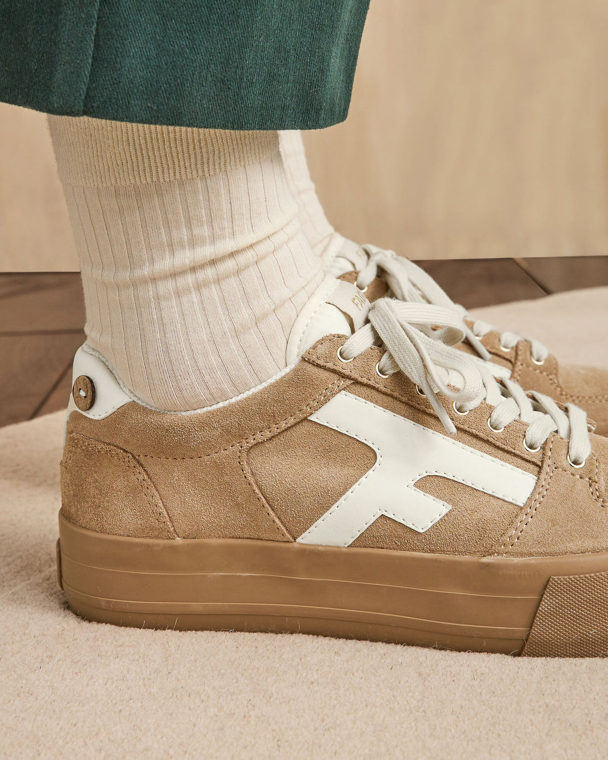 Sand Suede Leather Platform Trainers