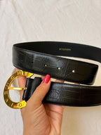 Ceinture Givenchy Vintage - Cuir Noir Et Boucle Logo Doré
