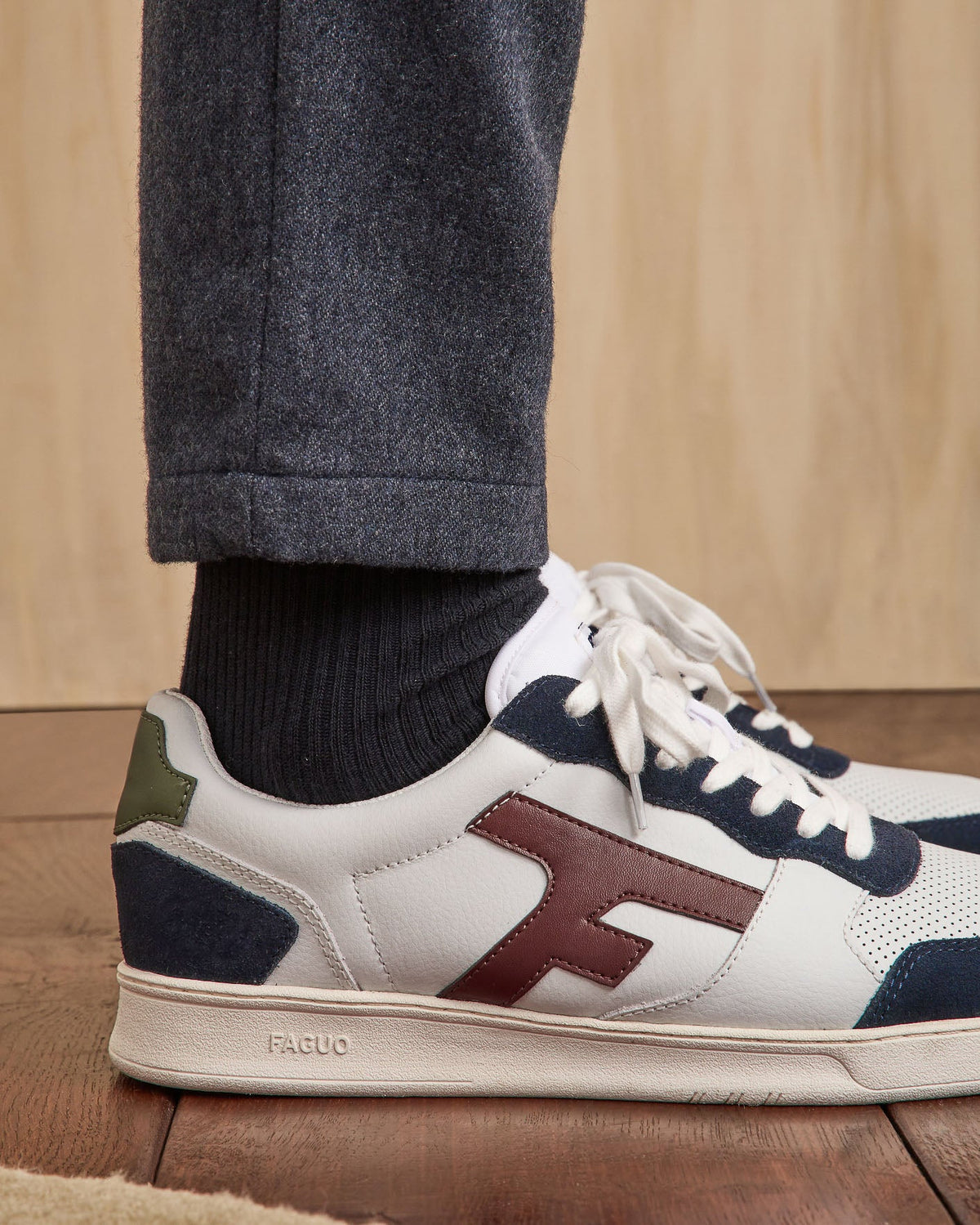 White And Blue Leather Trainers