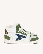 Sneaker alte in pelle bianca e kaki