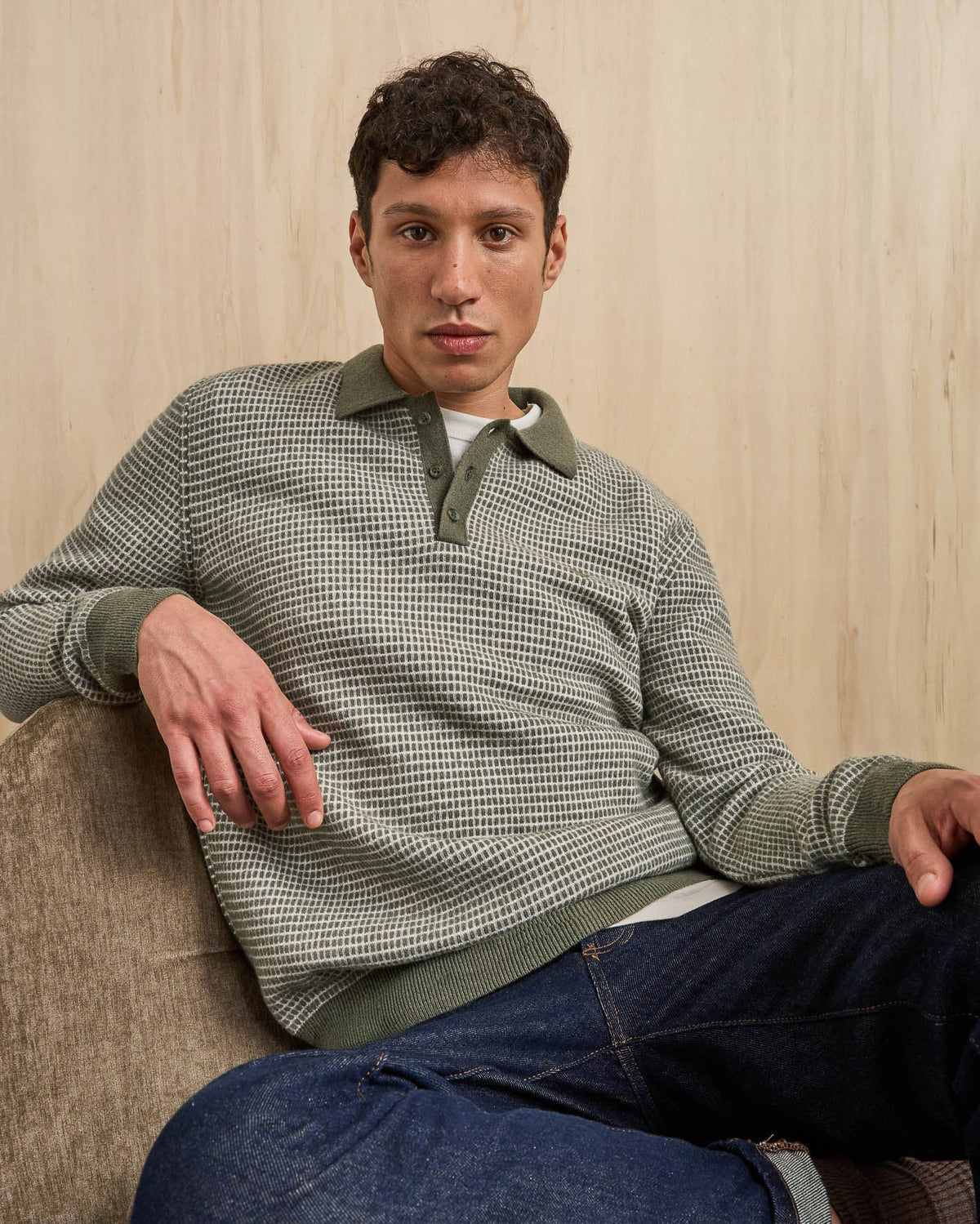 Maglione camionista in lana verde ed écru