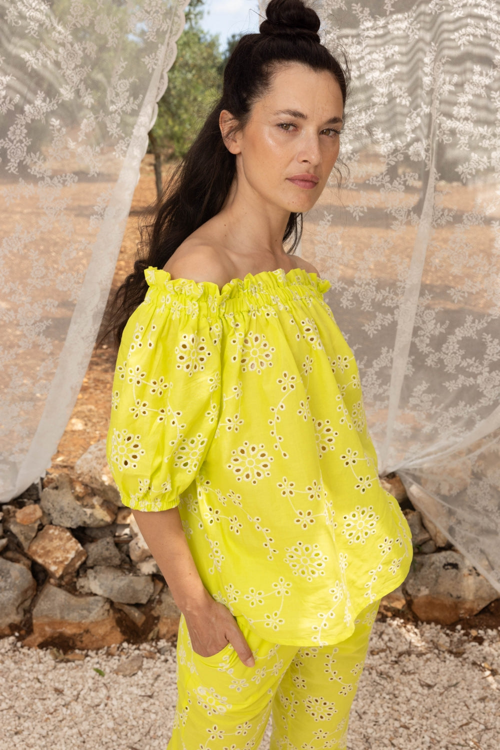 La Blouse Brigitte Broderie Anglaise Jaune Citron