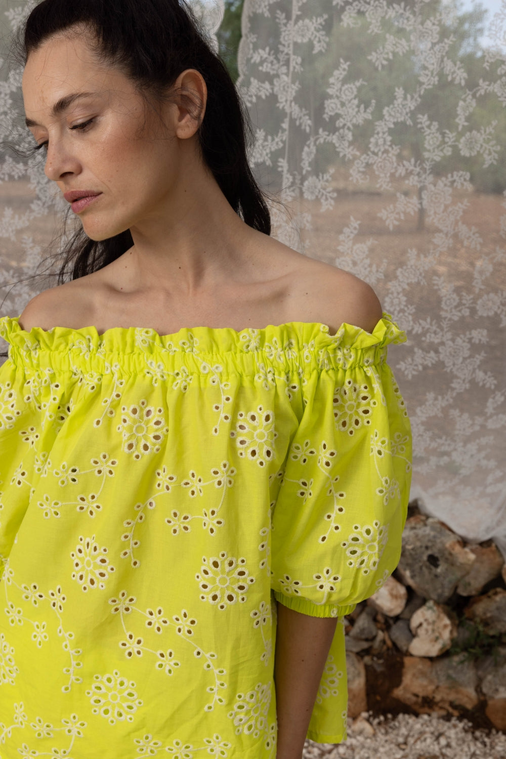 La Blouse Brigitte Broderie Anglaise Jaune Citron