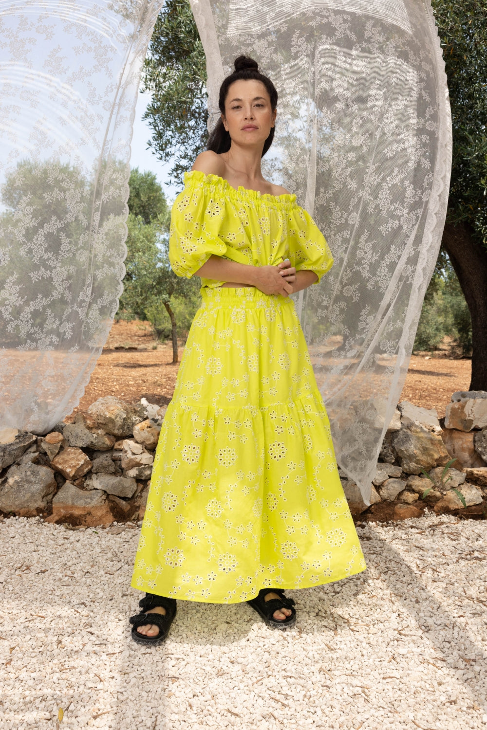 La Maxi Jupe Nuria Broderie Anglaise Jaune Citron