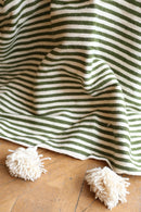 Plaid Berbère Pompon Blanc Rayures Kaki