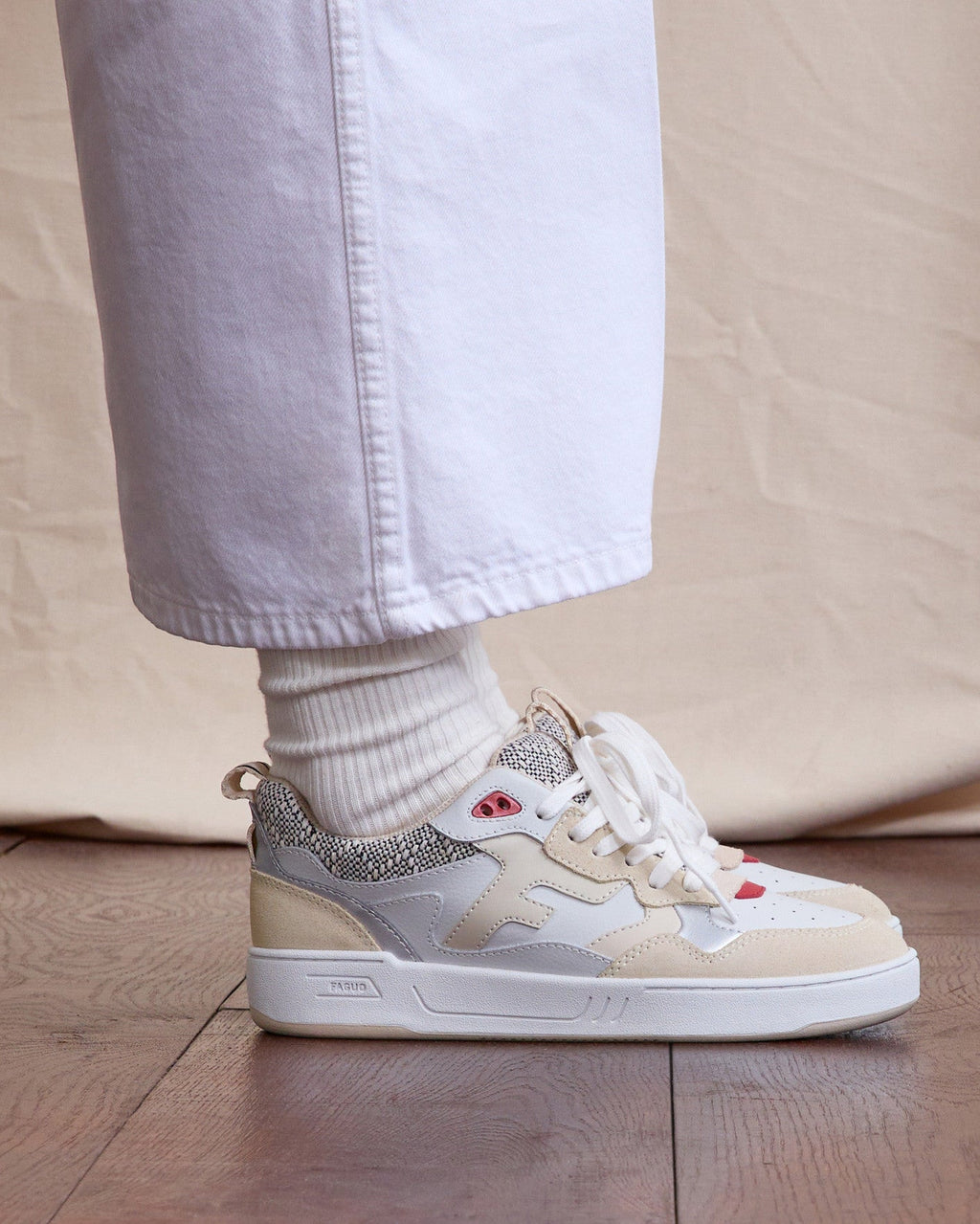 Cream and Red Leather Trainers