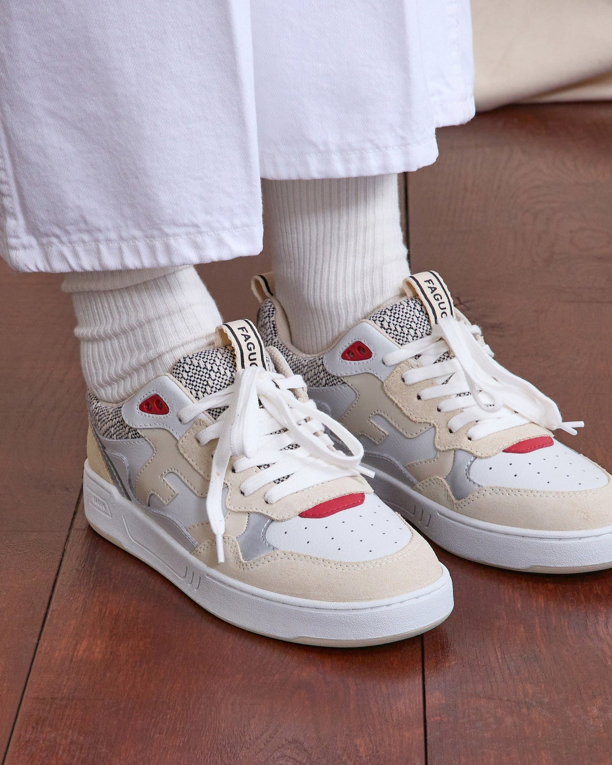 Cream and Red Leather Trainers