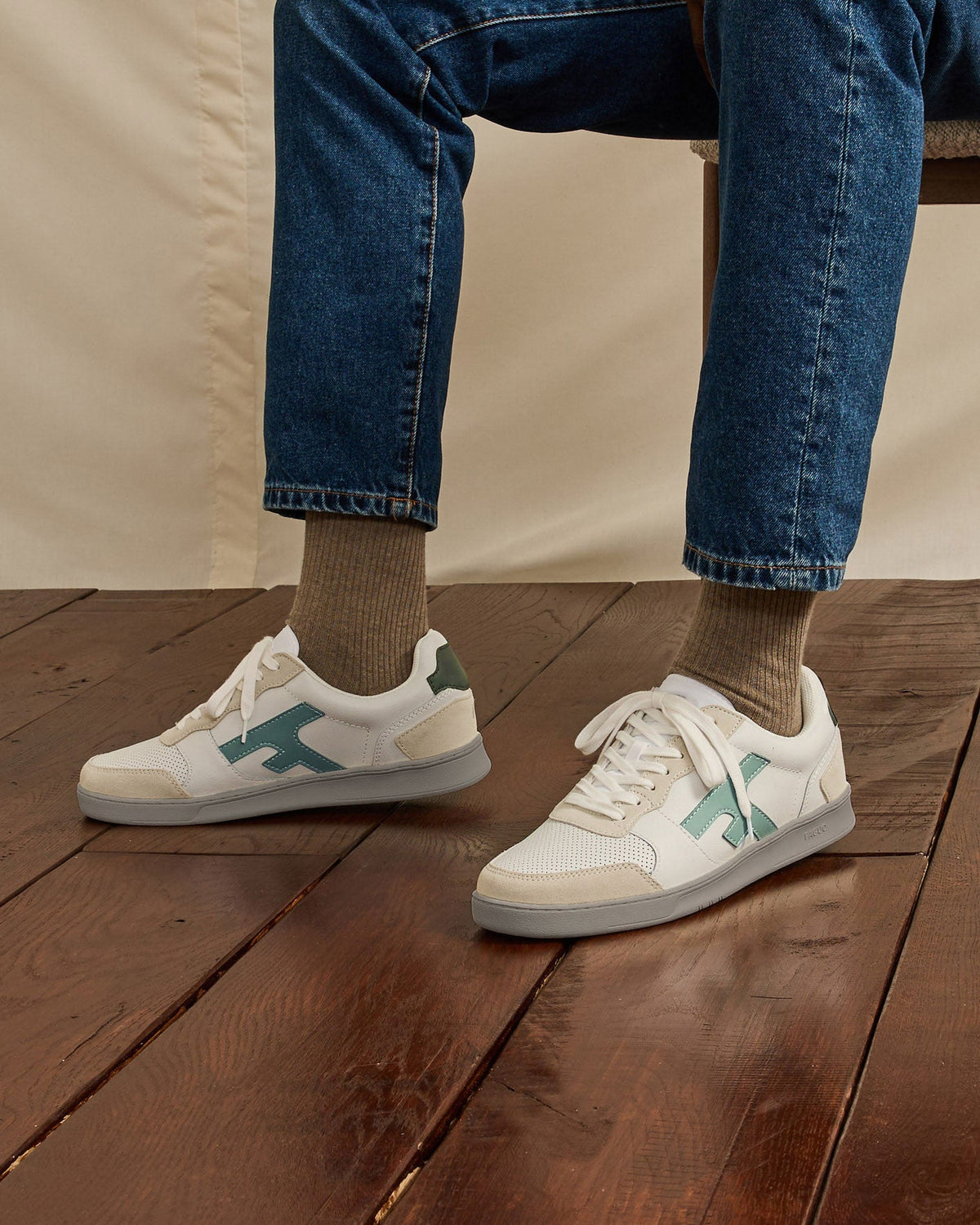 Cream and Blue Leather Trainers