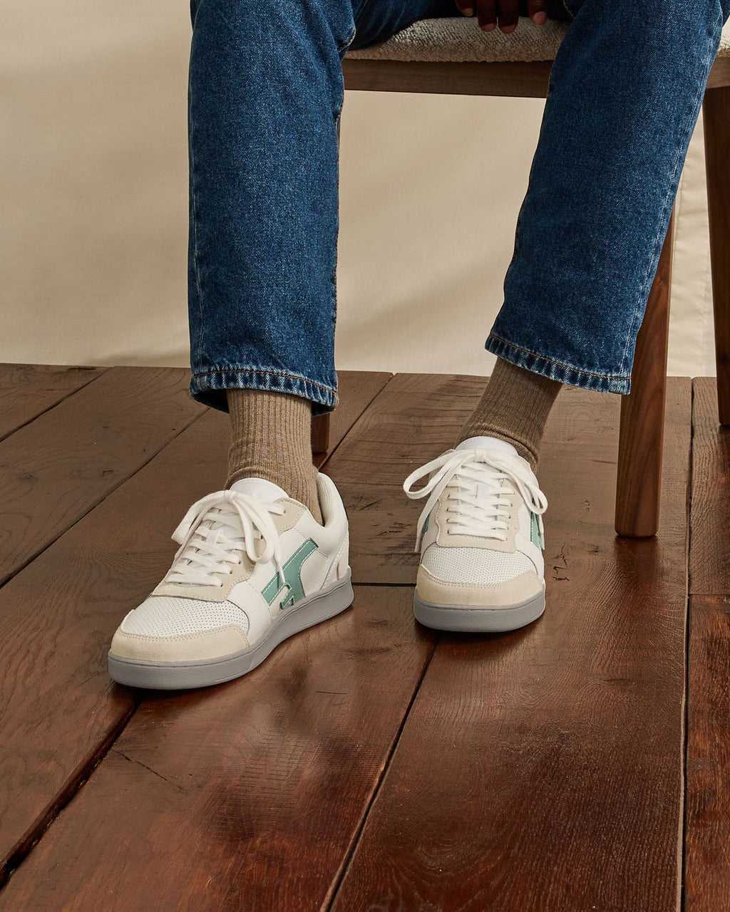 Cream and Blue Leather Trainers