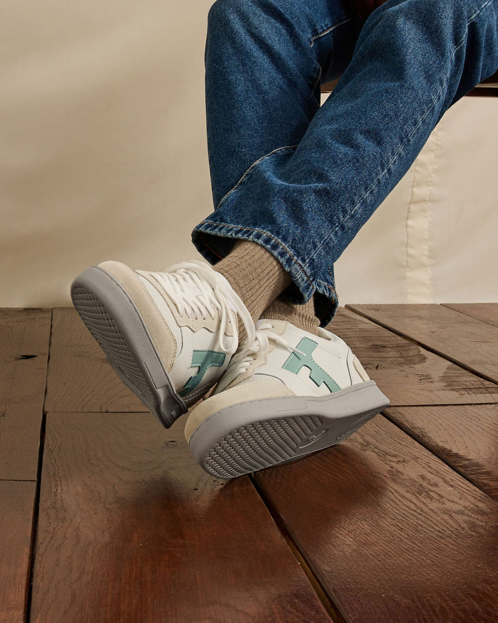 Cream and Blue Leather Trainers
