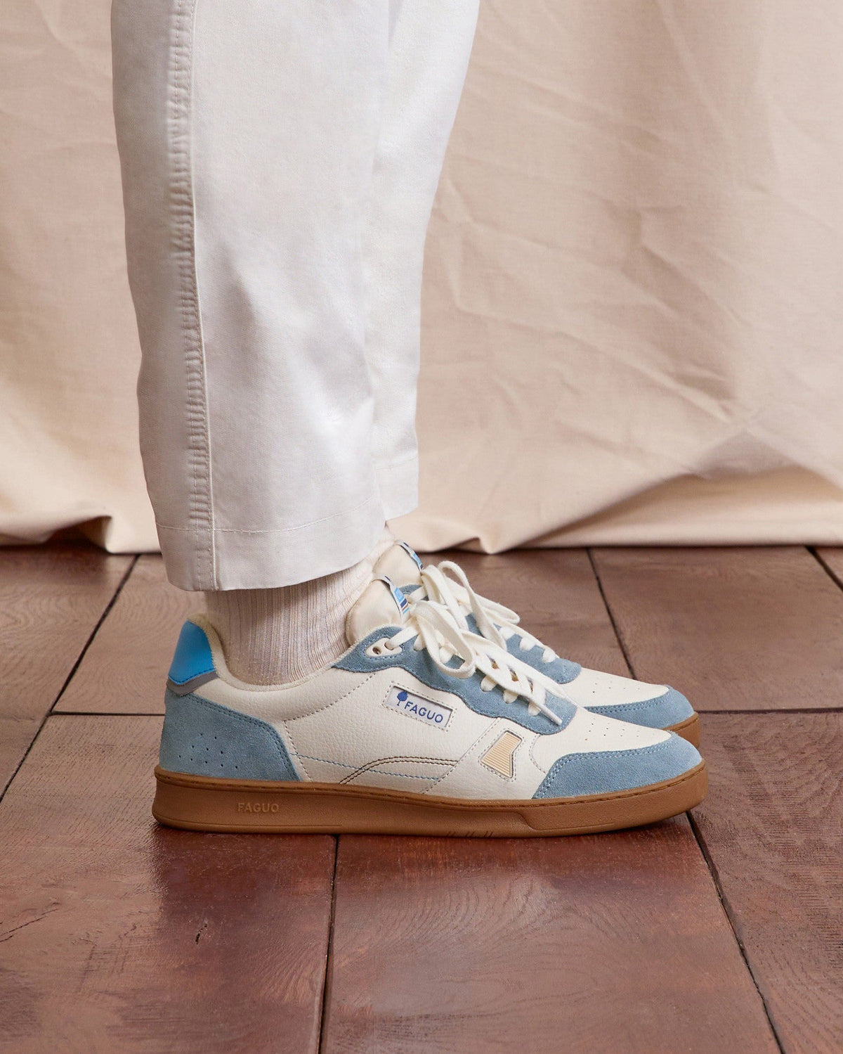 White and Blue Leather Trainers