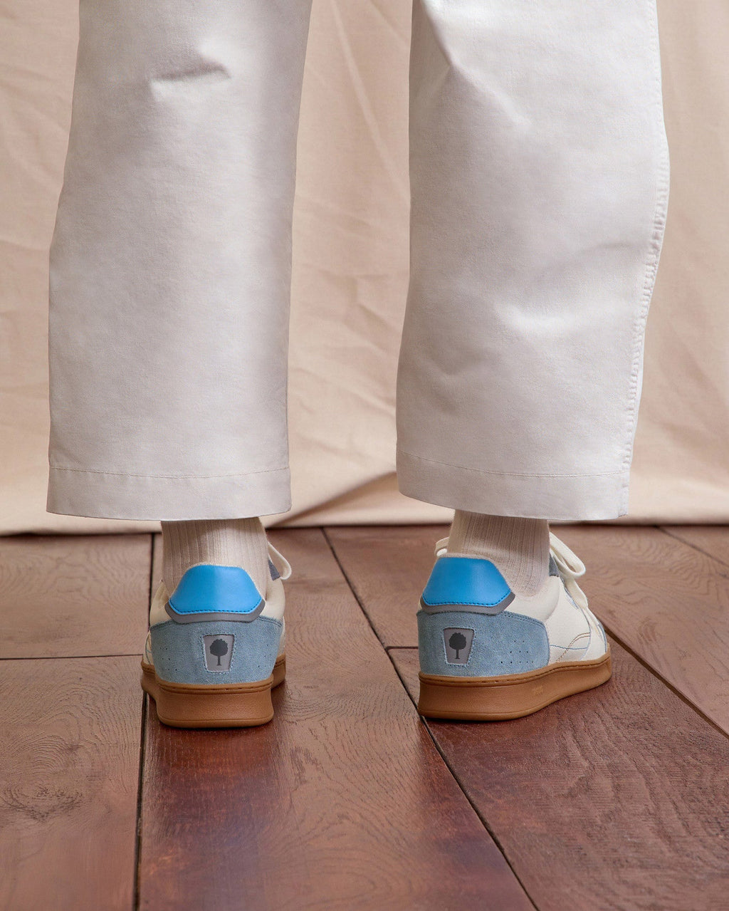White and Blue Leather Trainers
