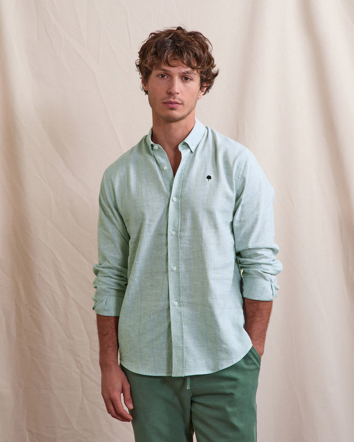 Chemise En Lin Rayée Lichen Et Bleu