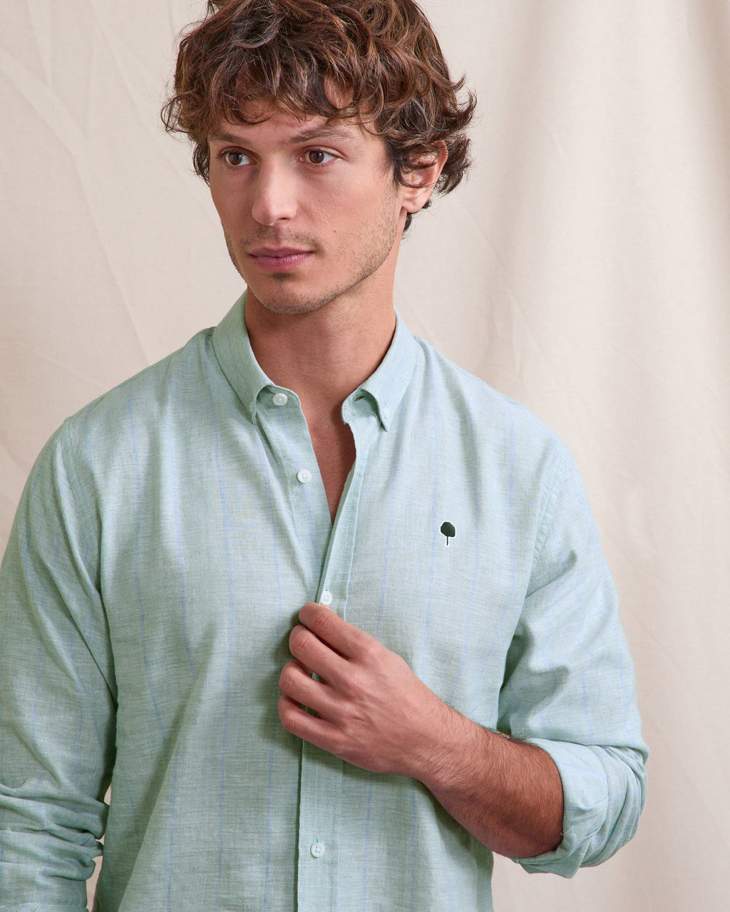 Chemise En Lin Rayée Lichen Et Bleu