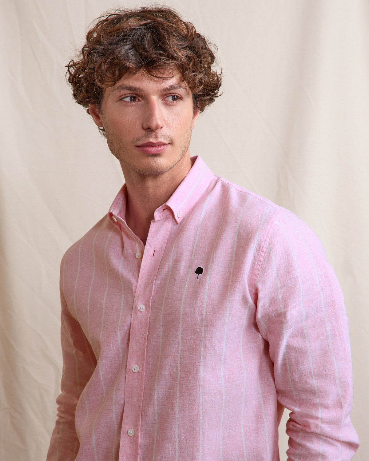 Camisa De Lino Rayada Rosa Y Blanca