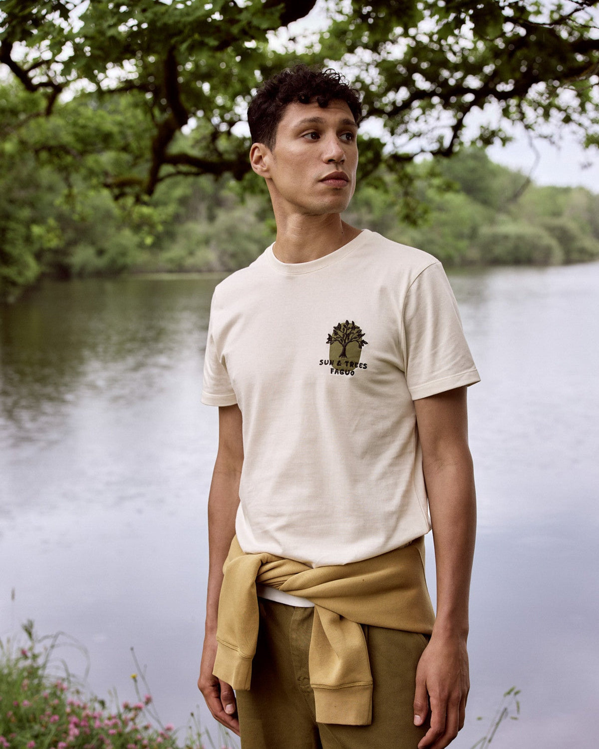 Ecru Sun and Trees Cotton T-Shirt
