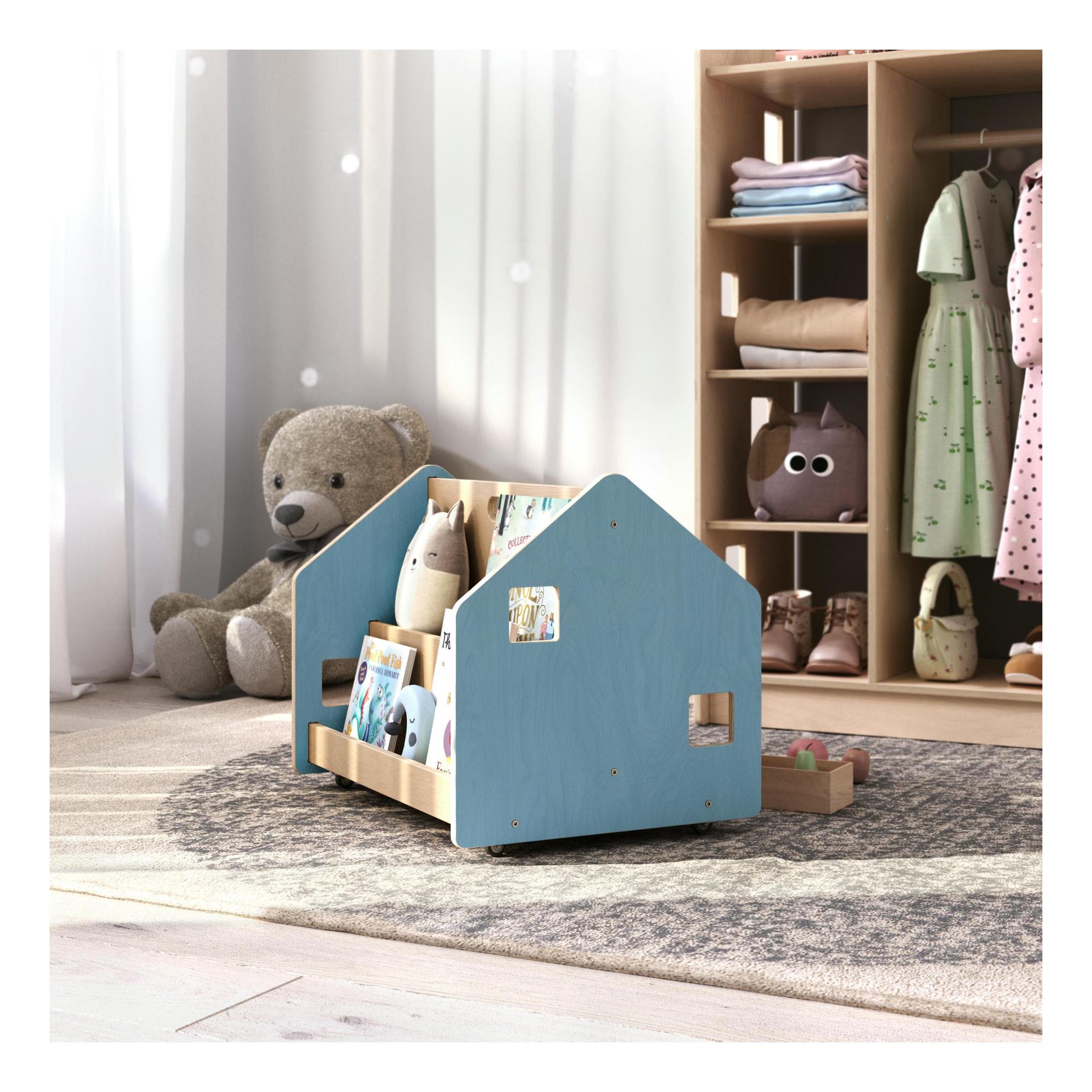 Bibliothèque Enfant Double-Face Sur Roulettes – Bleu Clair