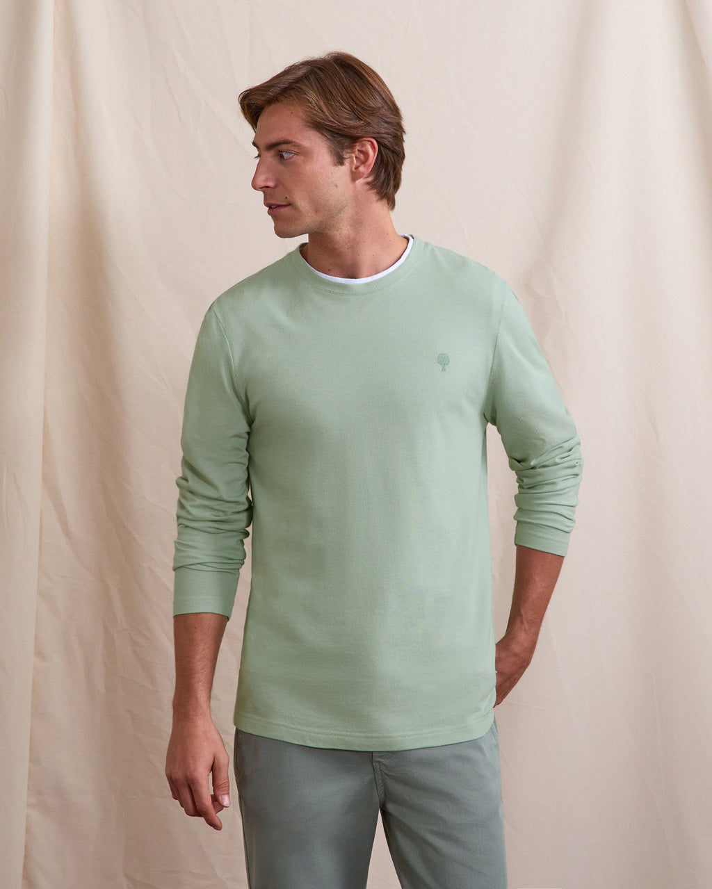 T-shirt a maniche lunghe verde chiaro in cotone